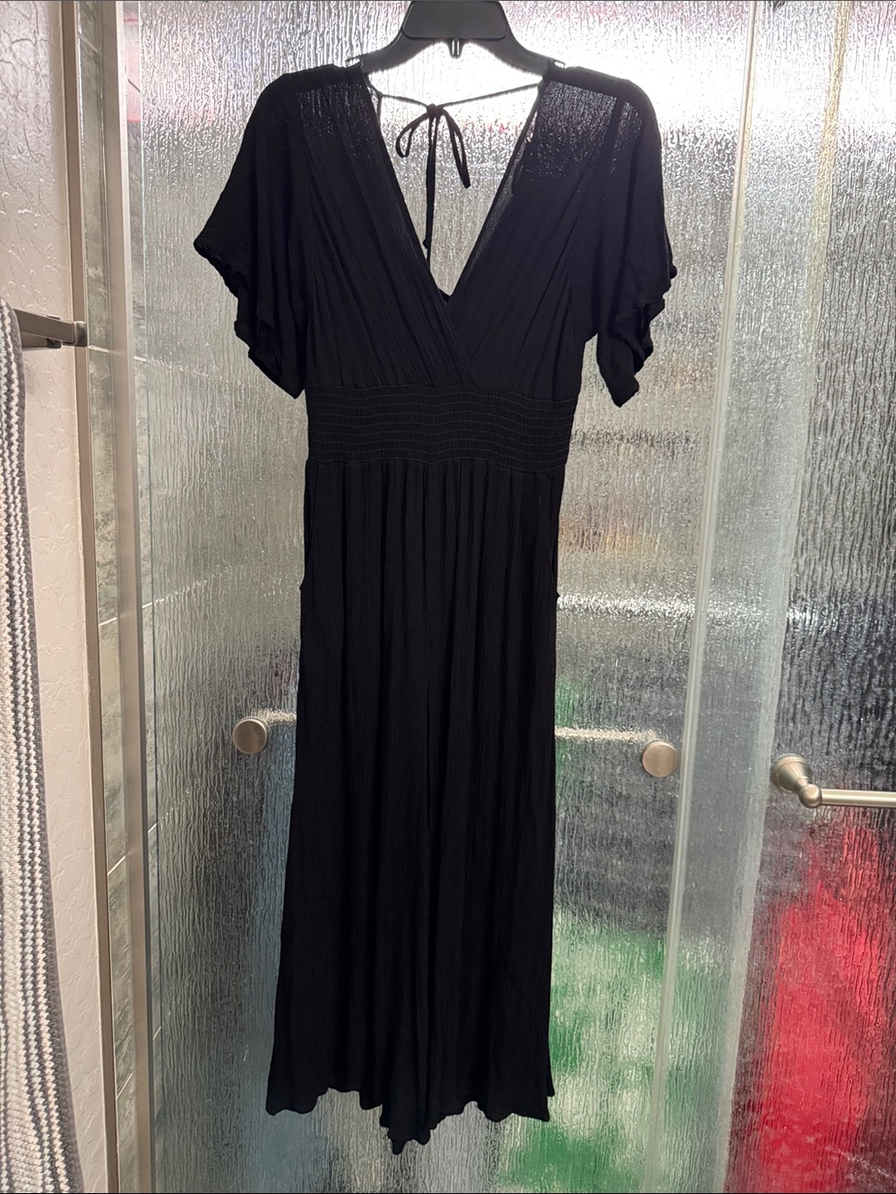 Final Touch Black V-Neck Smocked-Waist Jumpsuit